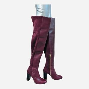 Womens Boots Michael Kors Burgundy Gold Leather Over-the-Knee Boots Riding Boots